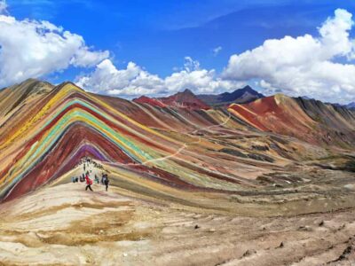 Walking towards Rainbow Mountain in Peru.