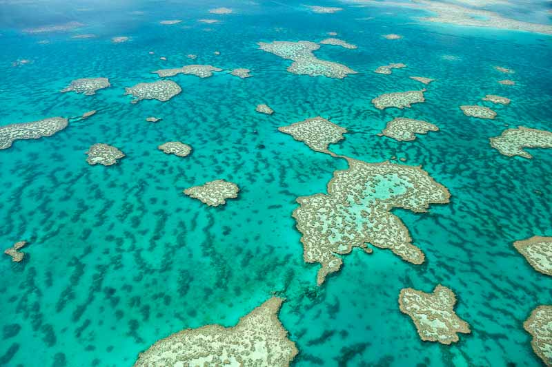 Aerial view of coral formations at the Great Barrier Reef near the Whitsunday Islands in Queensland, Australia