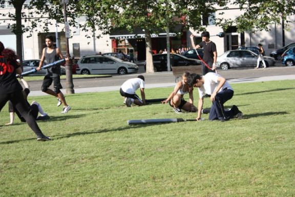 Hit  and/or penalized players take one knee for a penalty count while playing jugger