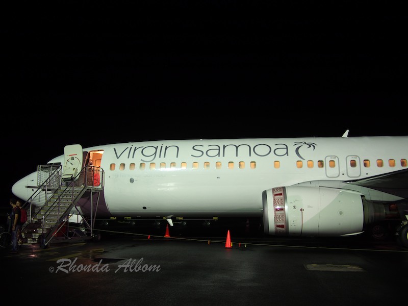 Virgin Samoa at Faleolo Airport in Apia, Samoa with no runway lights in the background