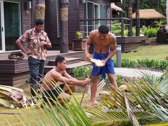 Peeling back the outer shell and coir (fibrous husk) of the coconut