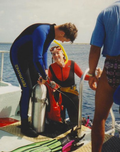 SCUBA instructor talks to me Rhonda Albom scuba diving in Bonaire